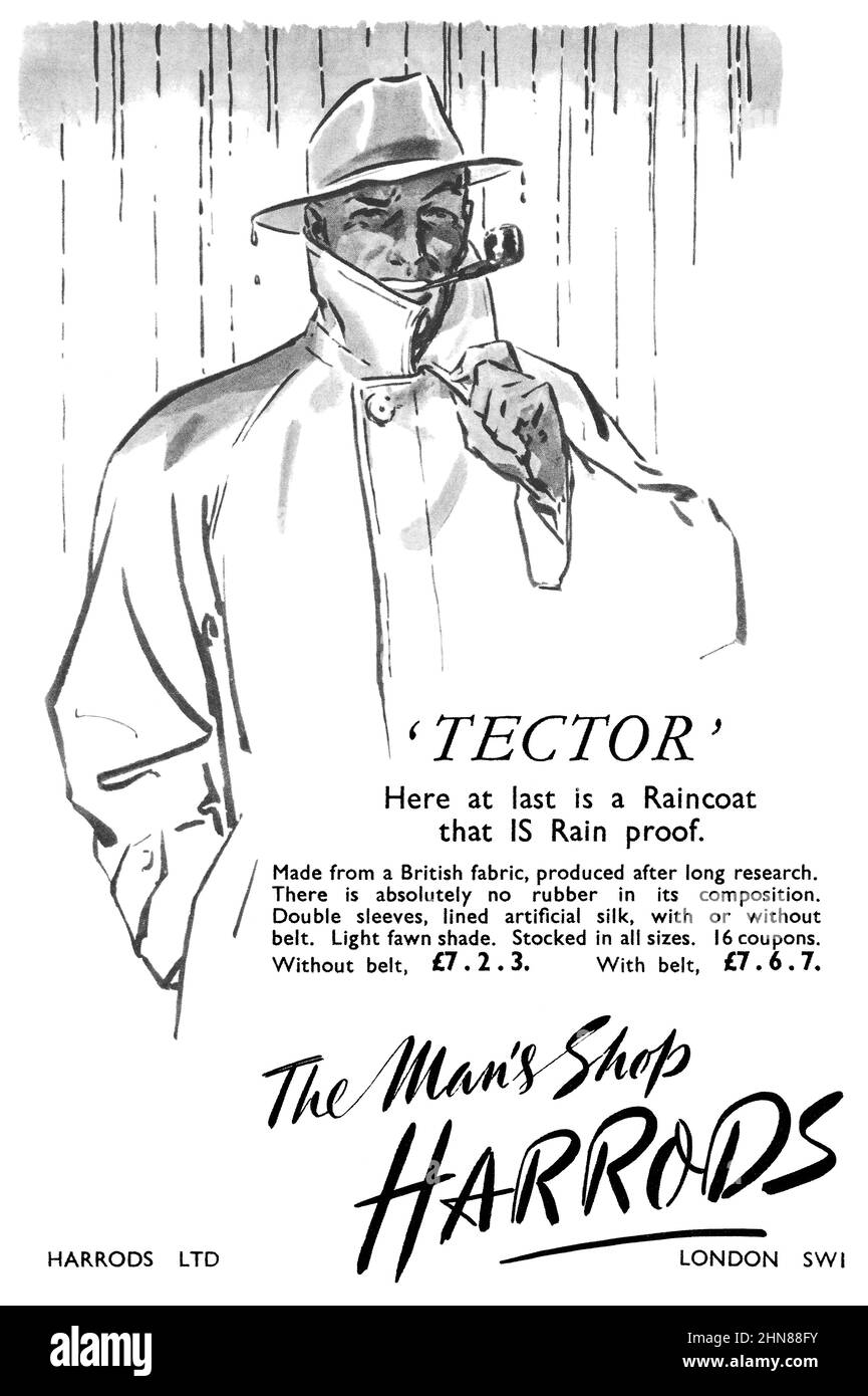 1947 British advertisement for Harrods Man's Shop, featuring the Tector Raincoat. Stock Photo