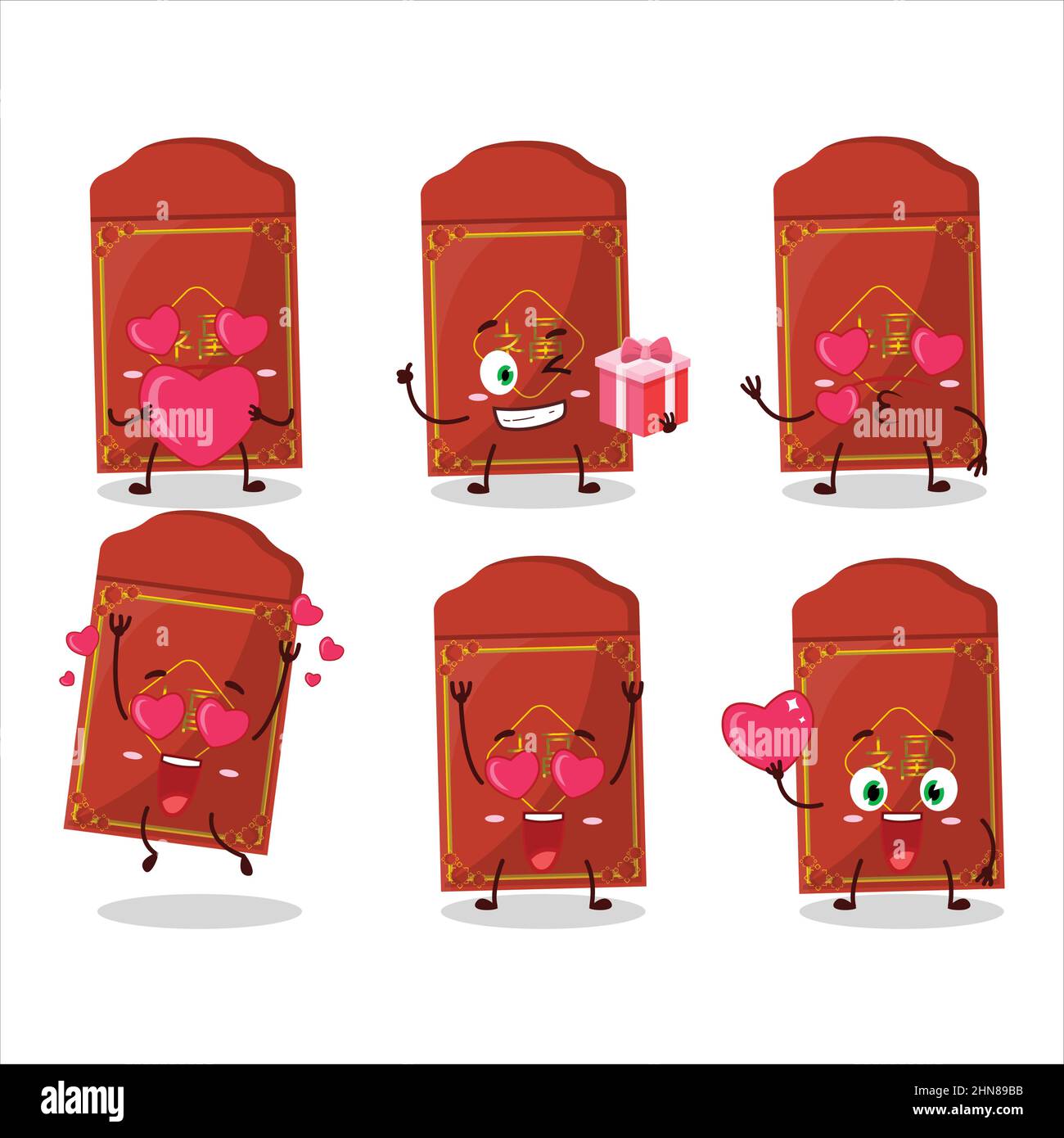 Red packets chinese cartoon character with love cute emoticon. Vector