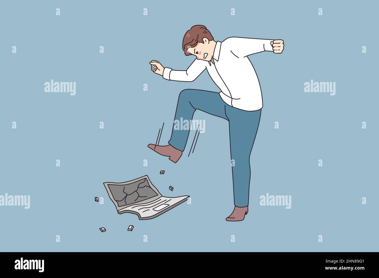 Angry male employee or worker crash laptop feel exhausted overwhelmed with job. Mad furious businessman break computer suffer from work stress or breakdown. Vector illustration. Stock Vector