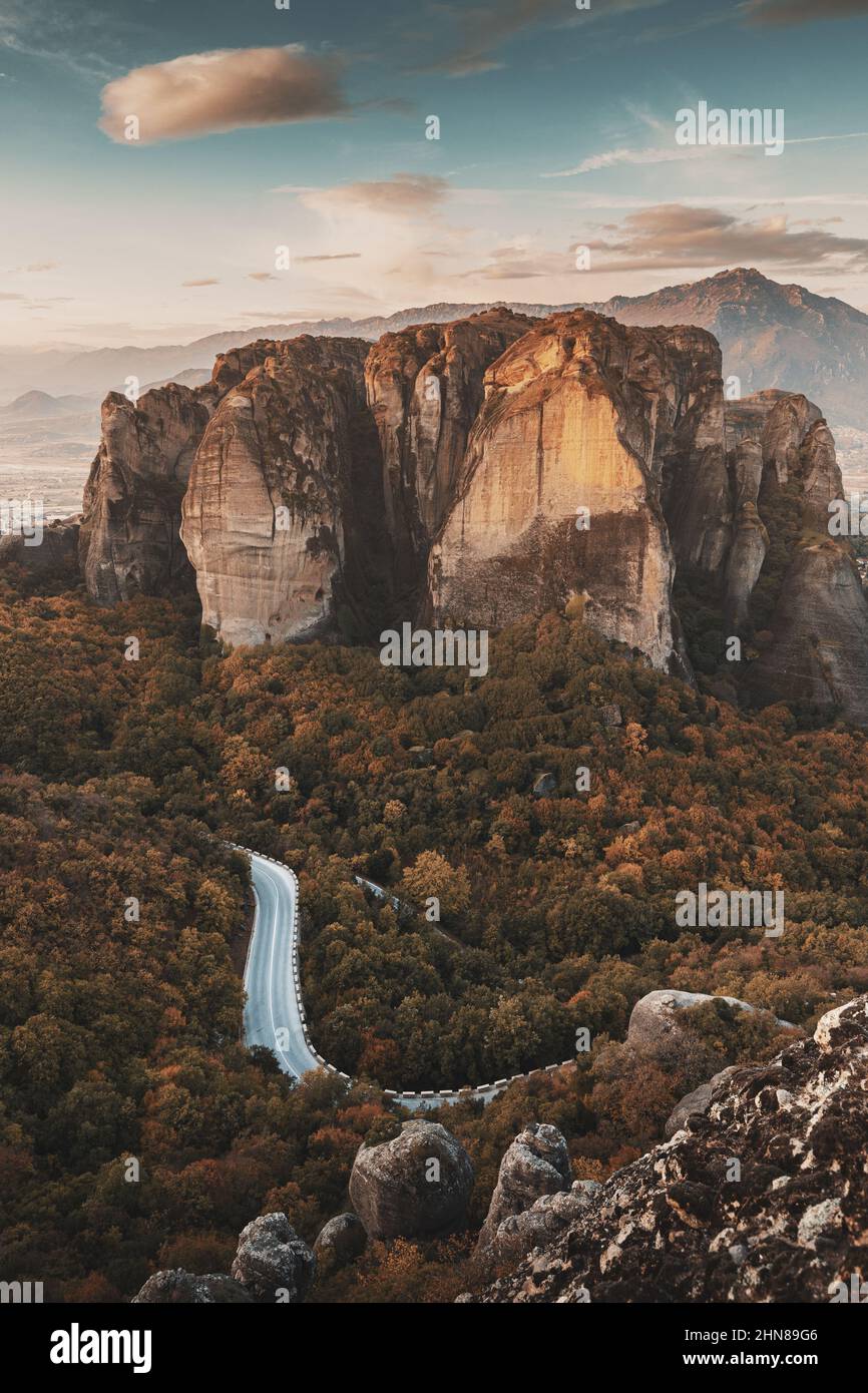 Unique smooth rocks and cliffs in the famous Greek meteora. Aerial view ...