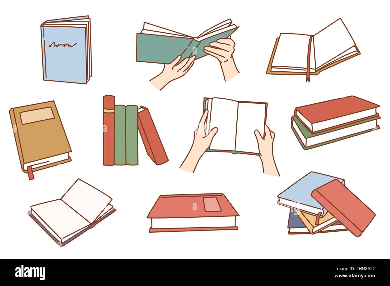 Set of books for school or university studying. Collection of people students read textbooks prepare for exam. Self-education and learning concept. Literature bundle. Flat vector illustration.  Stock Vector