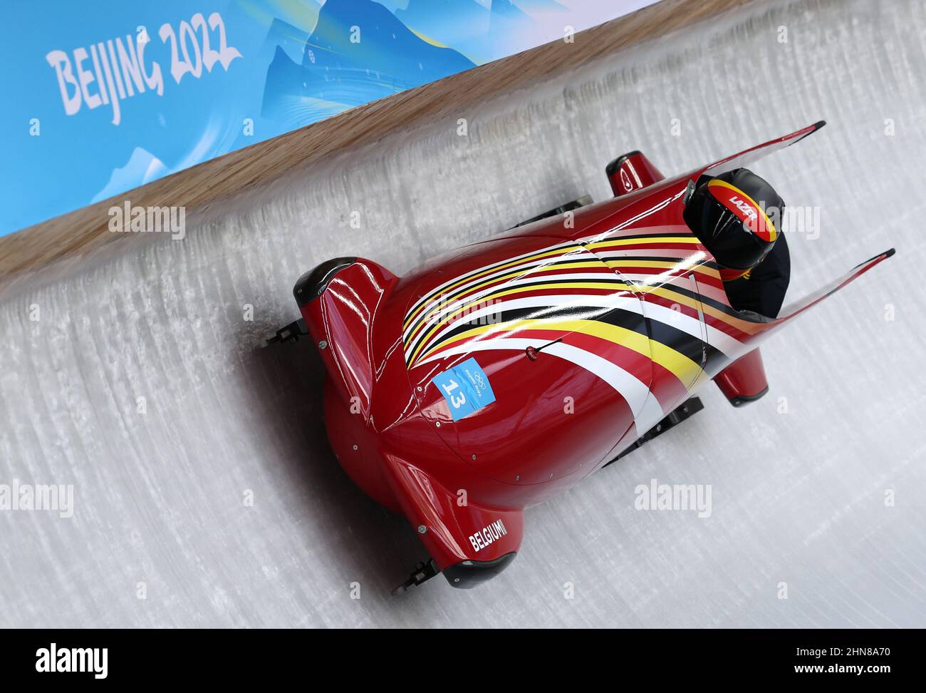 2022 Beijing Olympics - Bobsleigh - 2-woman Official Training - National Sliding Centre, Beijing, China - February 15, 2022. An Vannieuwenhuyse of Belgium and teammate in action. REUTERS/Edgar Su Stock Photo