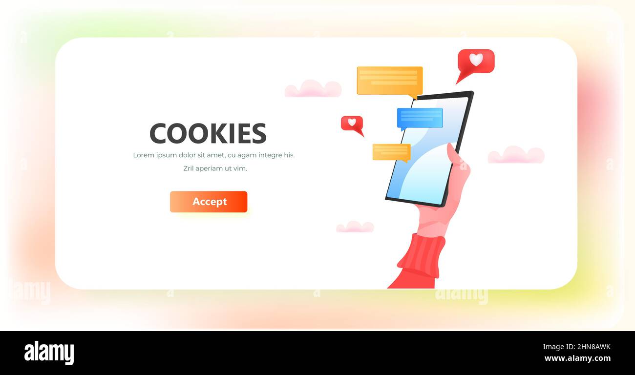 hand using smartphone protection of personal information internet web pop up we use cookies policy notification Stock Vector