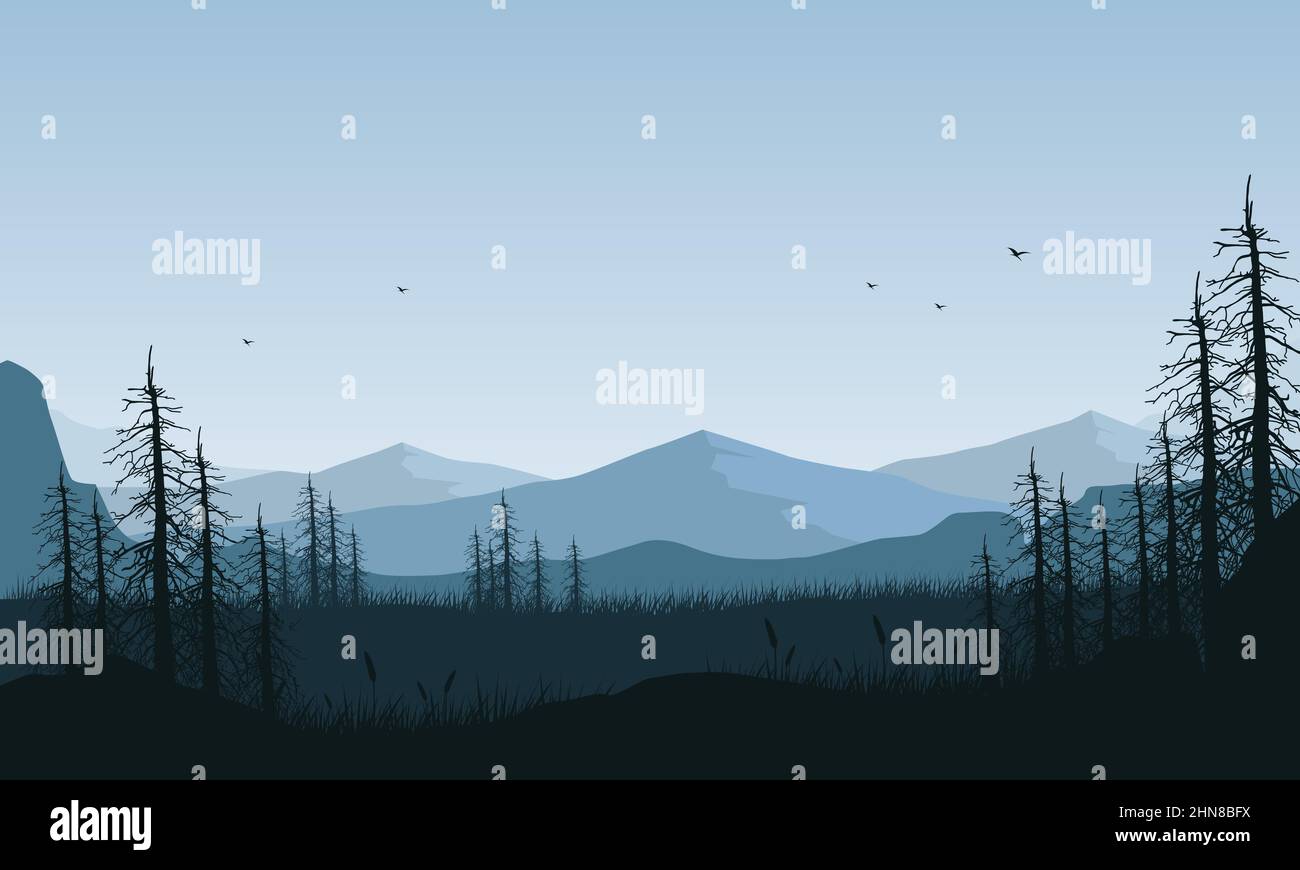 Fantastic mountain view with dry pine tree silhouette of the village on ...