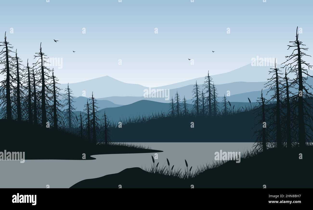 Great mountain view with pine tree silhouette from the lakeside.Vector ...