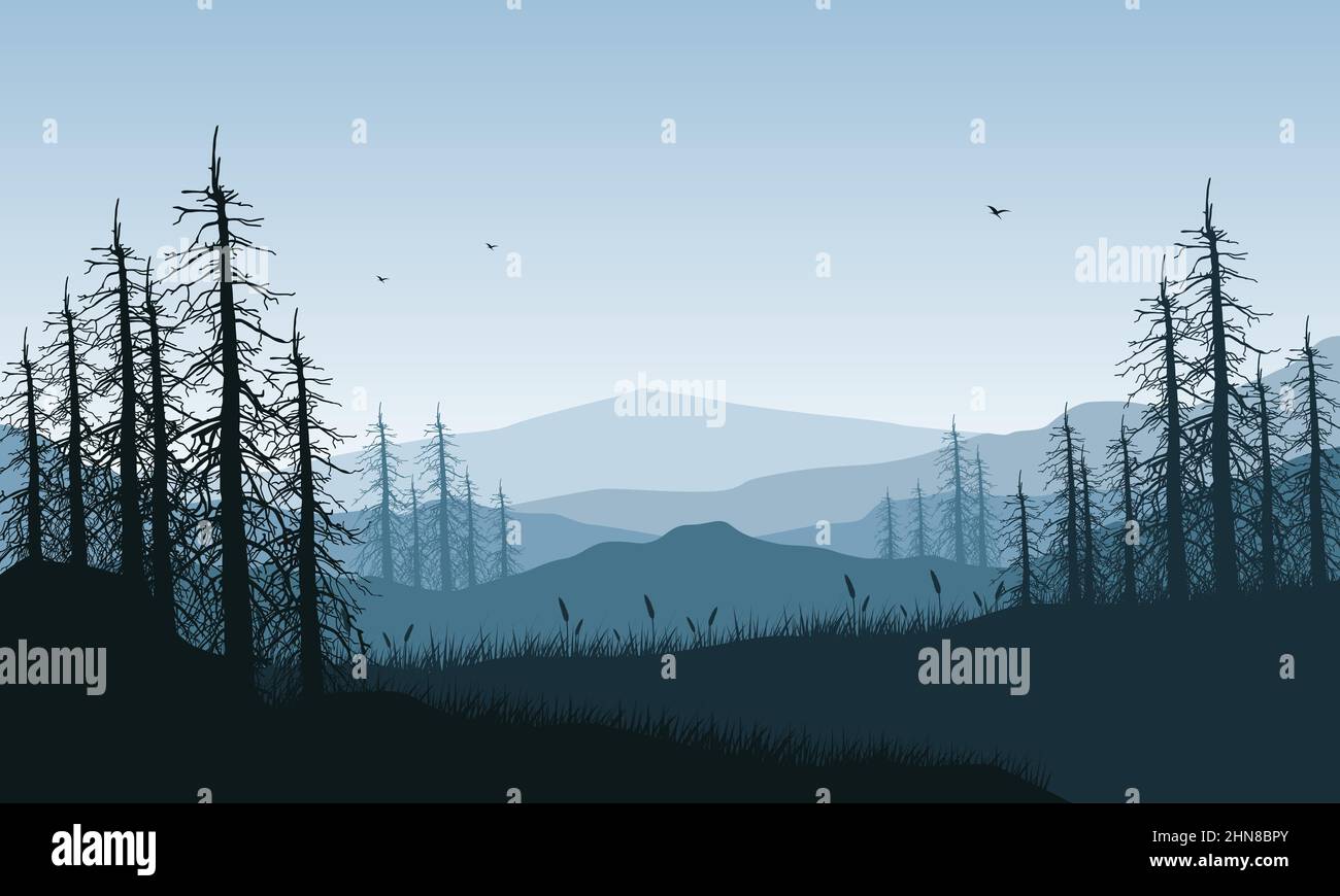Wonderful Mountain view with aesthetic dry fir tree silhouette of the ...