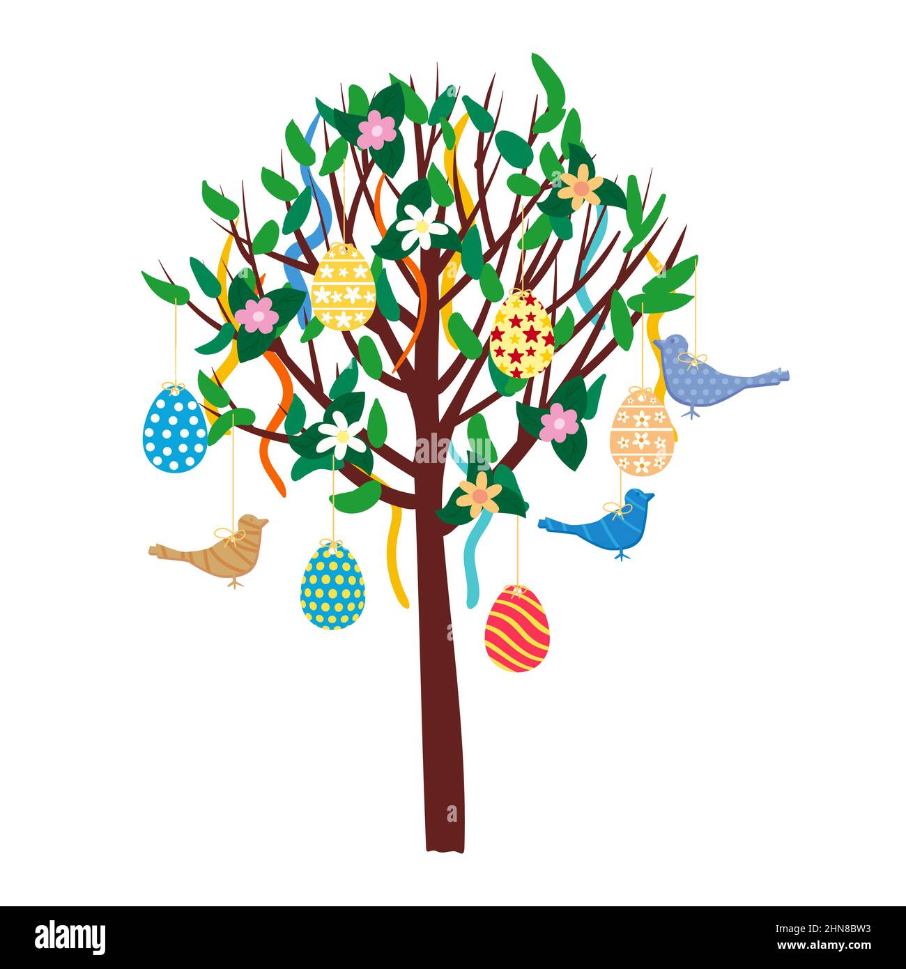 Easter Tree decorated colored eggs, birds, ribbons. Vector illstration Stock Vector