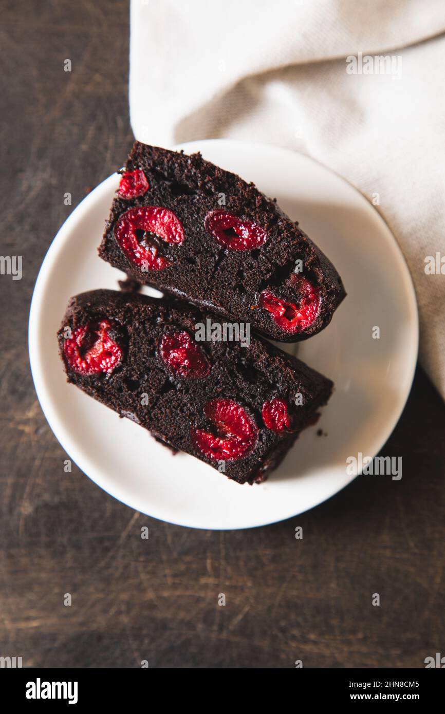 brownie with cherry. A stack of chocolate brownies, homemade bakery and