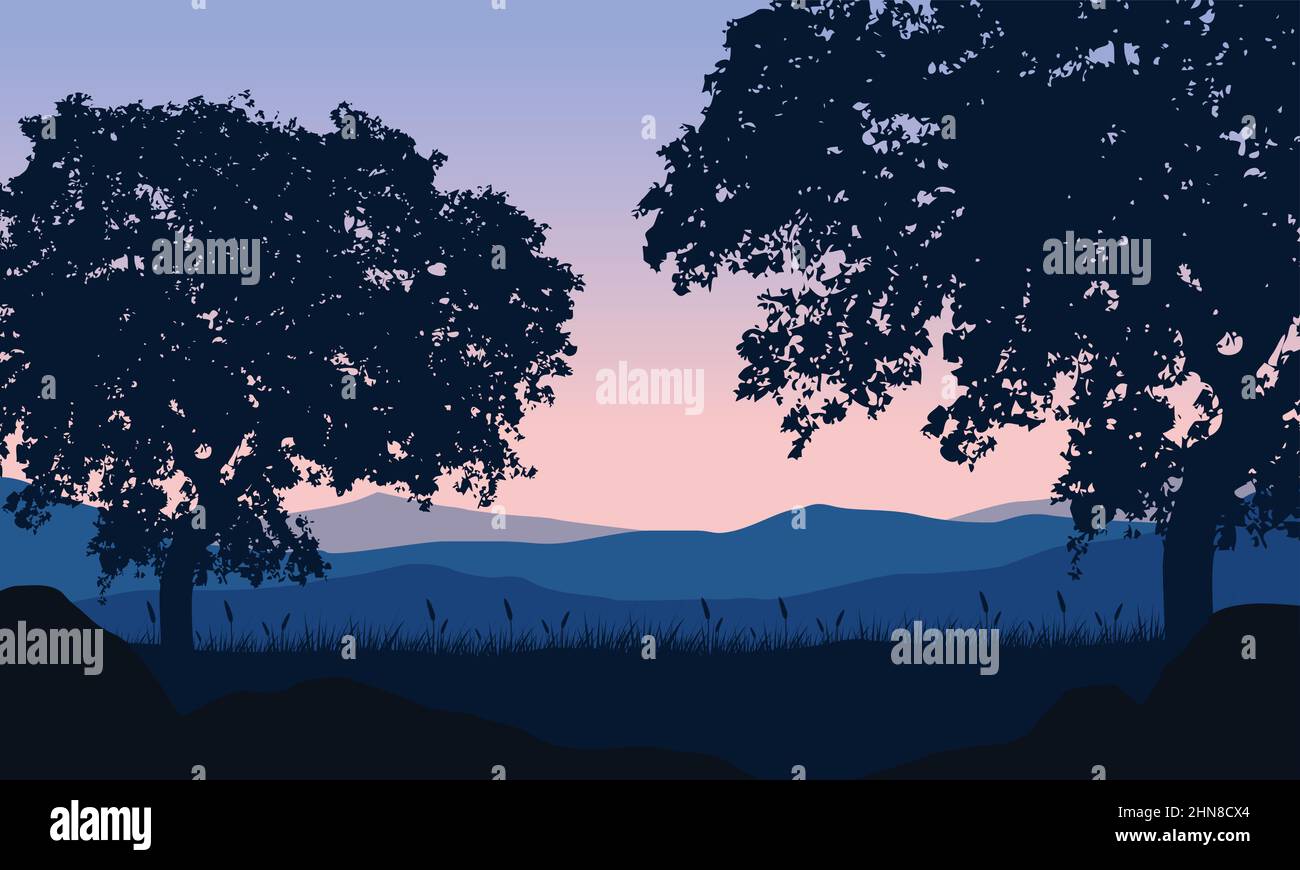 Pdusk Vector Realistic mountain view with pine trees from outside the city at dusk ...