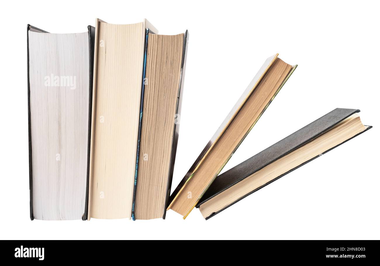Falling books stack isolated on white background. Study in school, college, university concept. Reading literature. High quality photo Stock Photo