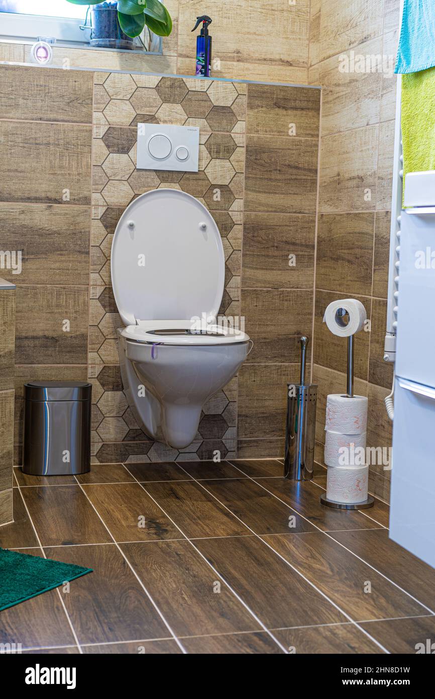 WC mísa s toaletním papírem v zásobníku v interiéru moderní koupelny Stock  Photo - Alamy