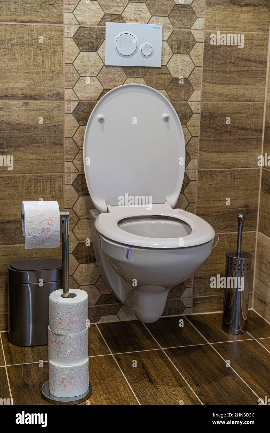 WC mísa s toaletním papírem v zásobníku v interiéru moderní koupelny. Stock Photo