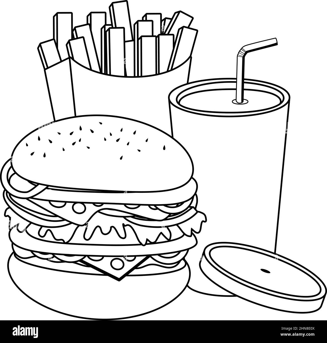 Fast food hamburger, french fries and drink. Vector black and white coloring page Stock Vector