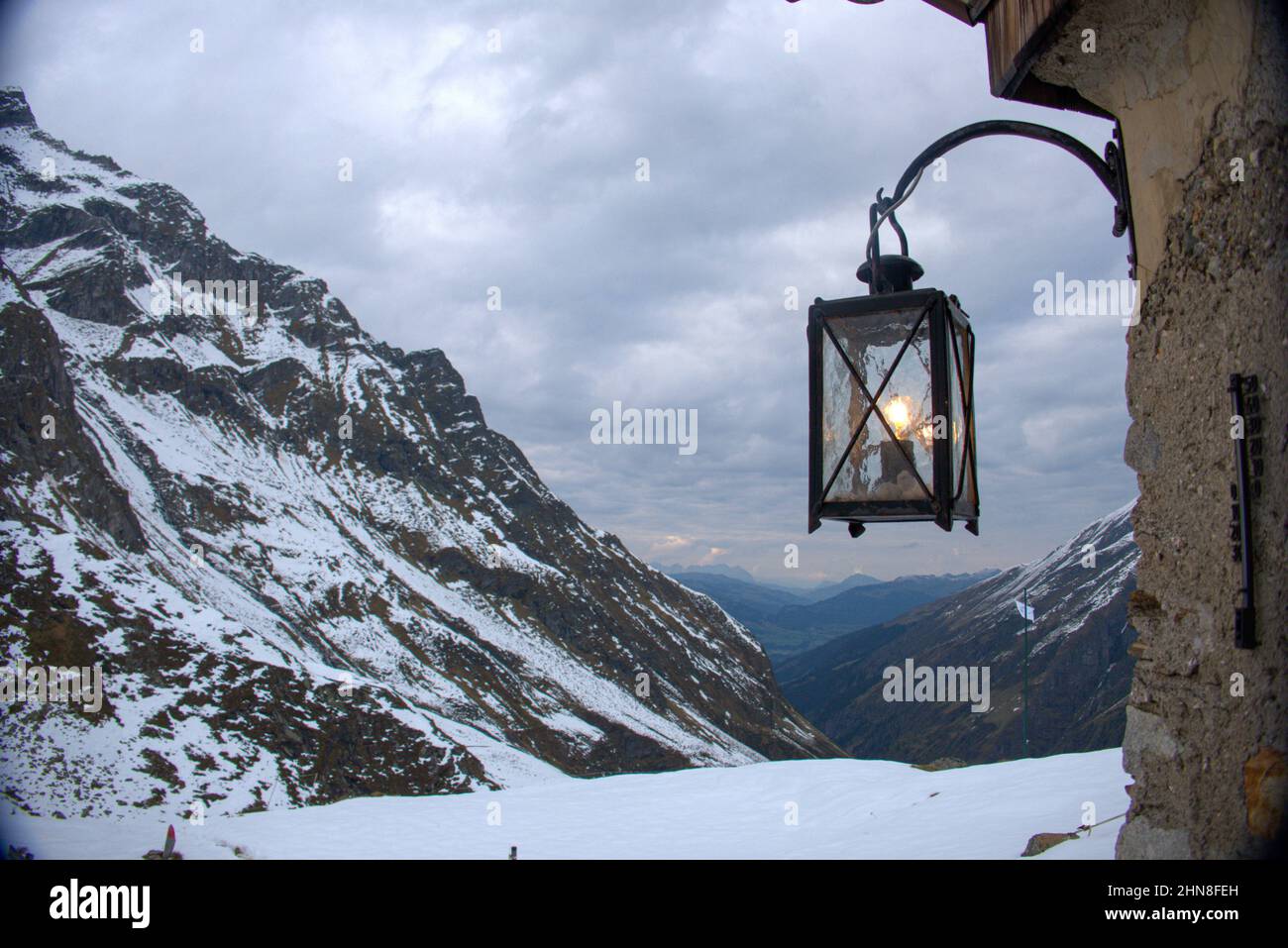 burning lantern at Neue Further Hutte in national park Hohe Tauern in Tirol, Austria Stock Photo