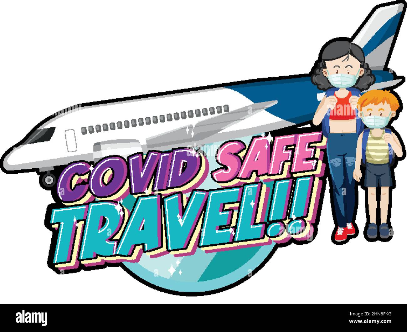 Covid Safe Travel typography design with passengers and airplane