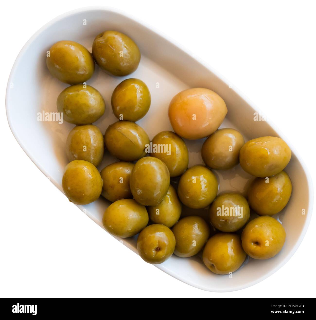 Pickled green olives with a stone Stock Photo Alamy
