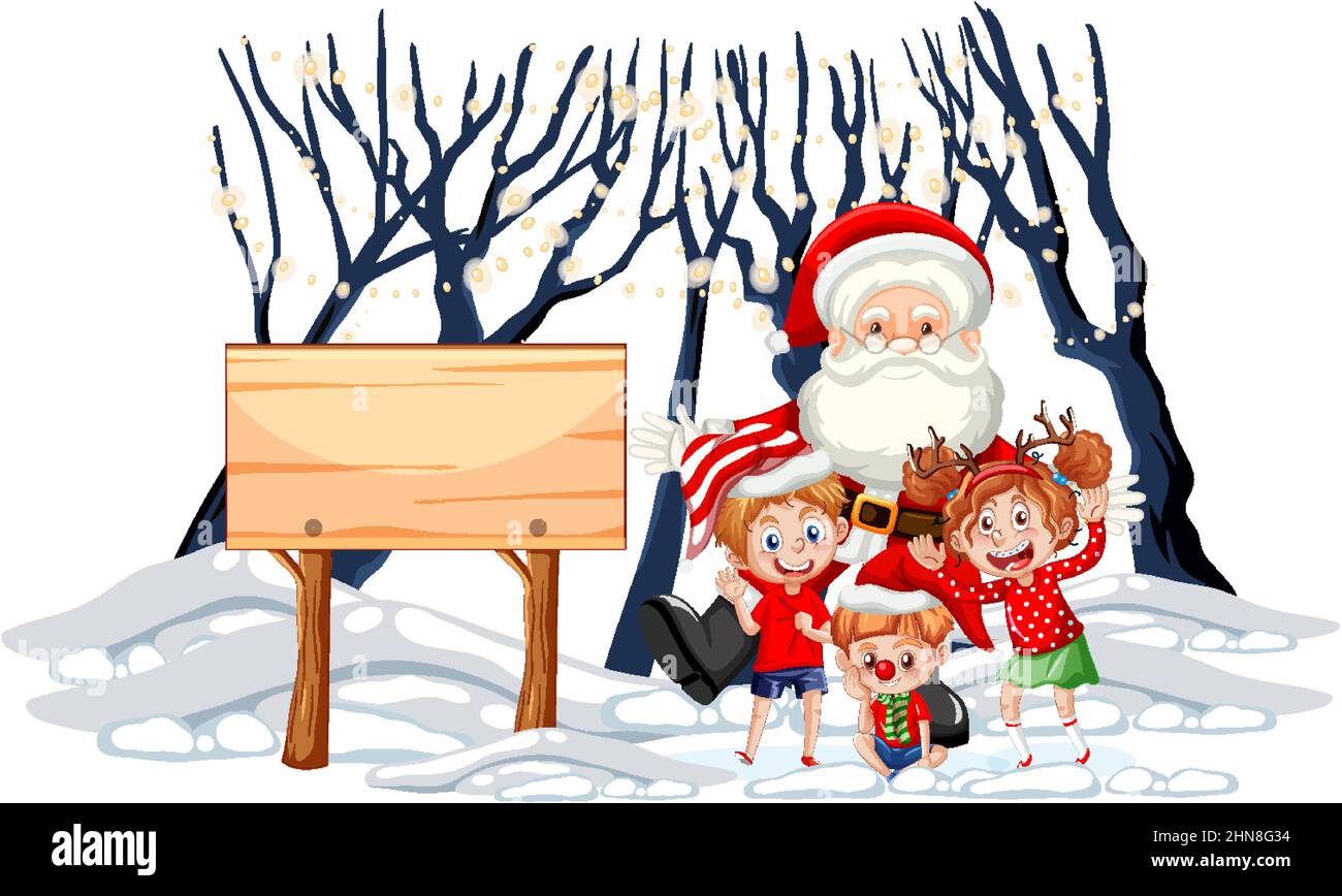 Santa Claus with childrenand empty wood banner illustration Stock ...
