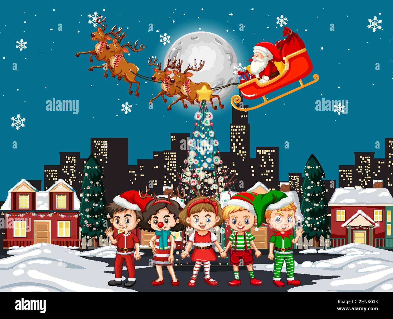 Christmas winter scene with happy children illustration Stock Vector