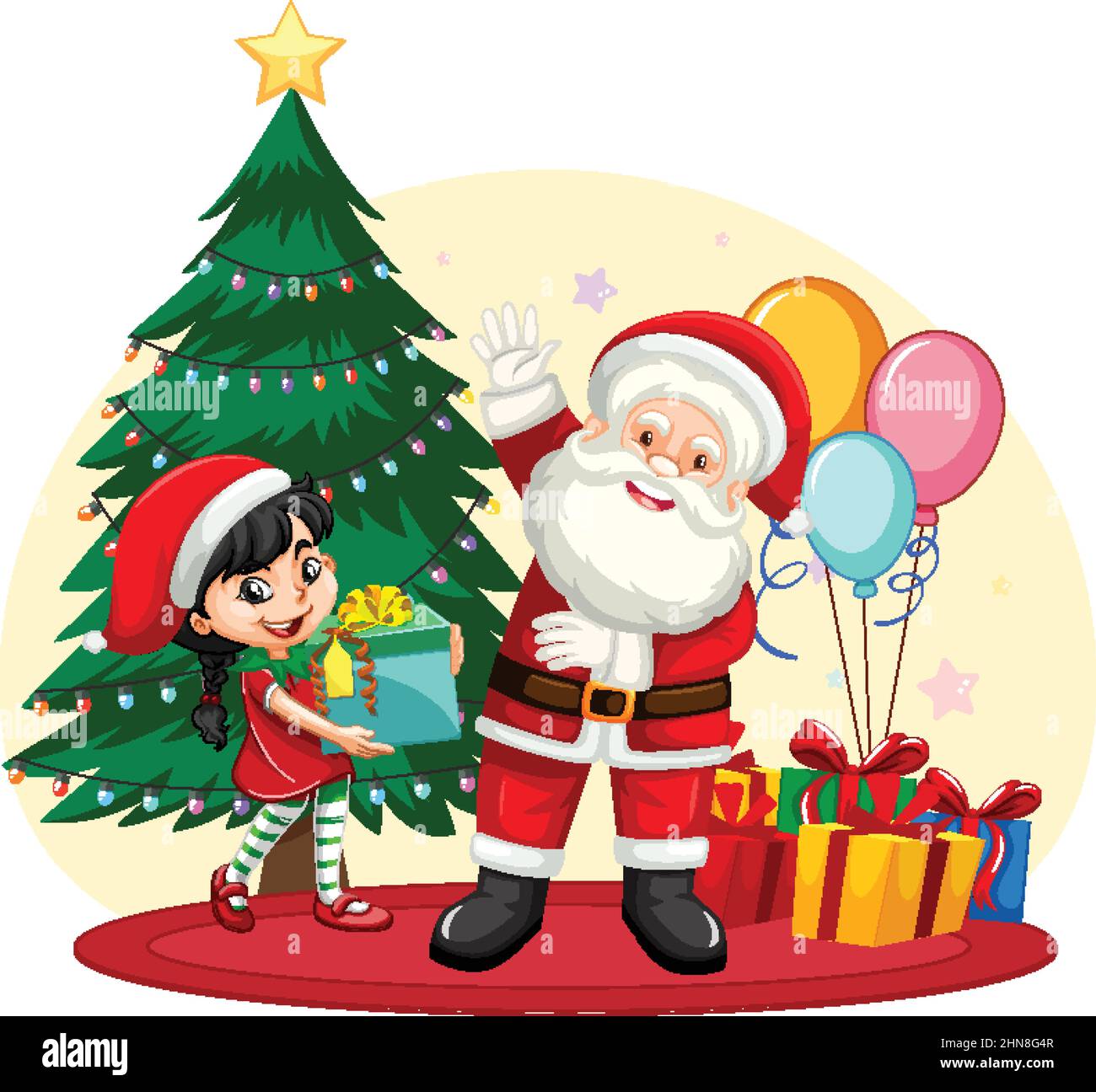 Santa Claus and a girl holding gift box in cartoon style illustration ...