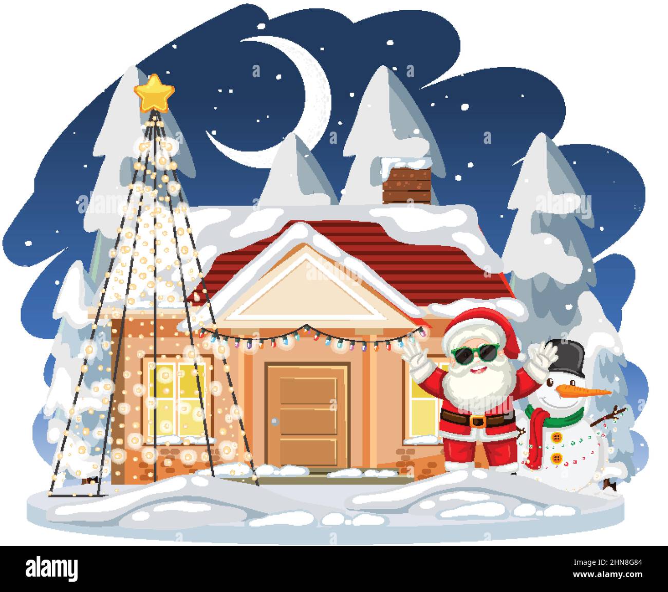 Snow covered house with Santa Claus and snowman illustration Stock ...