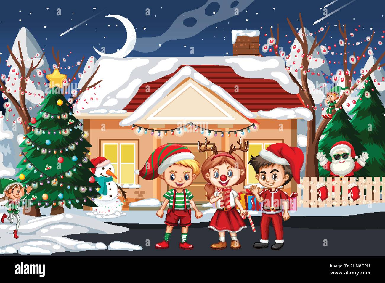 Christmas winter scene with happy children illustration Stock Vector