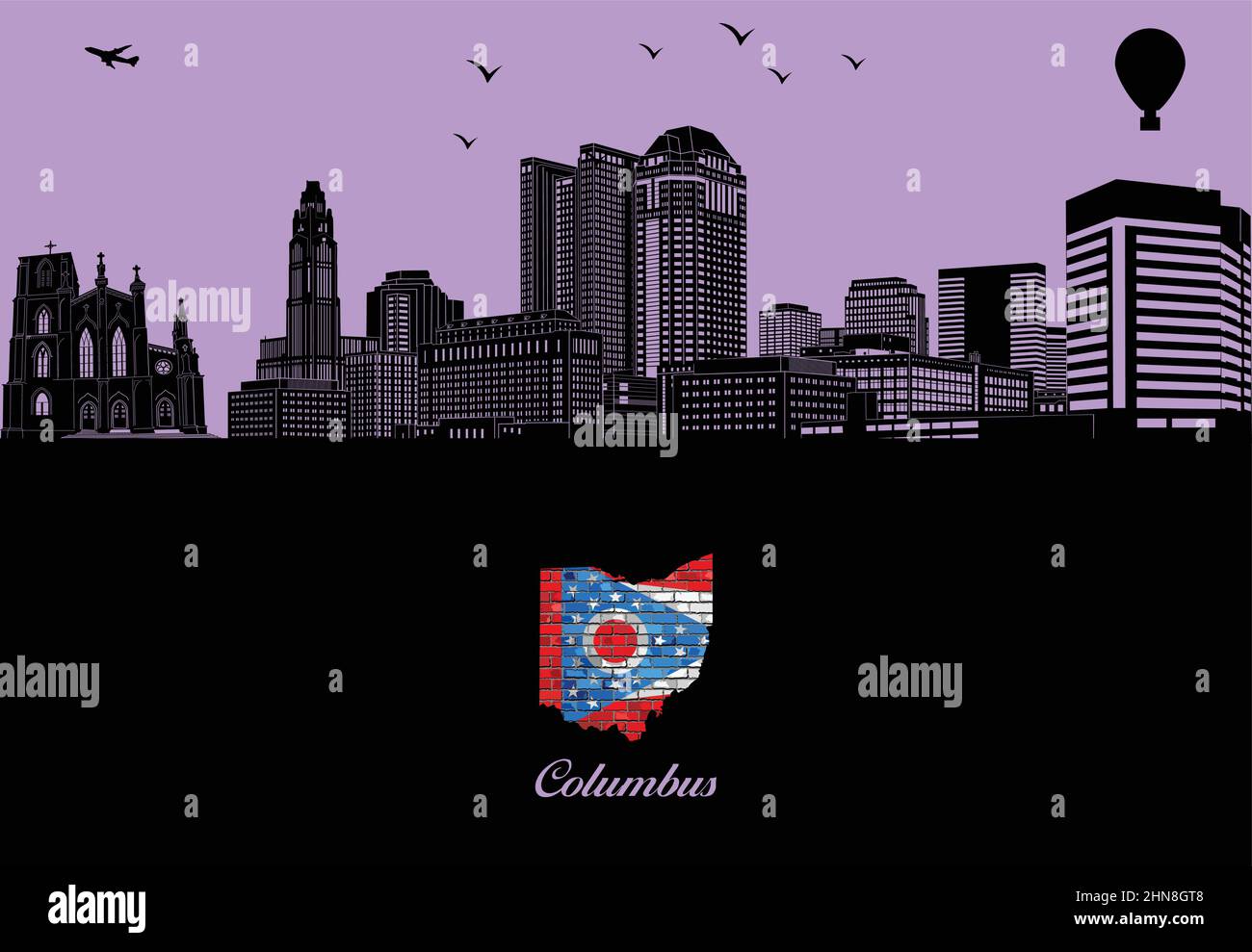 Columbus city skyline silhouette illustration, Town in blue
