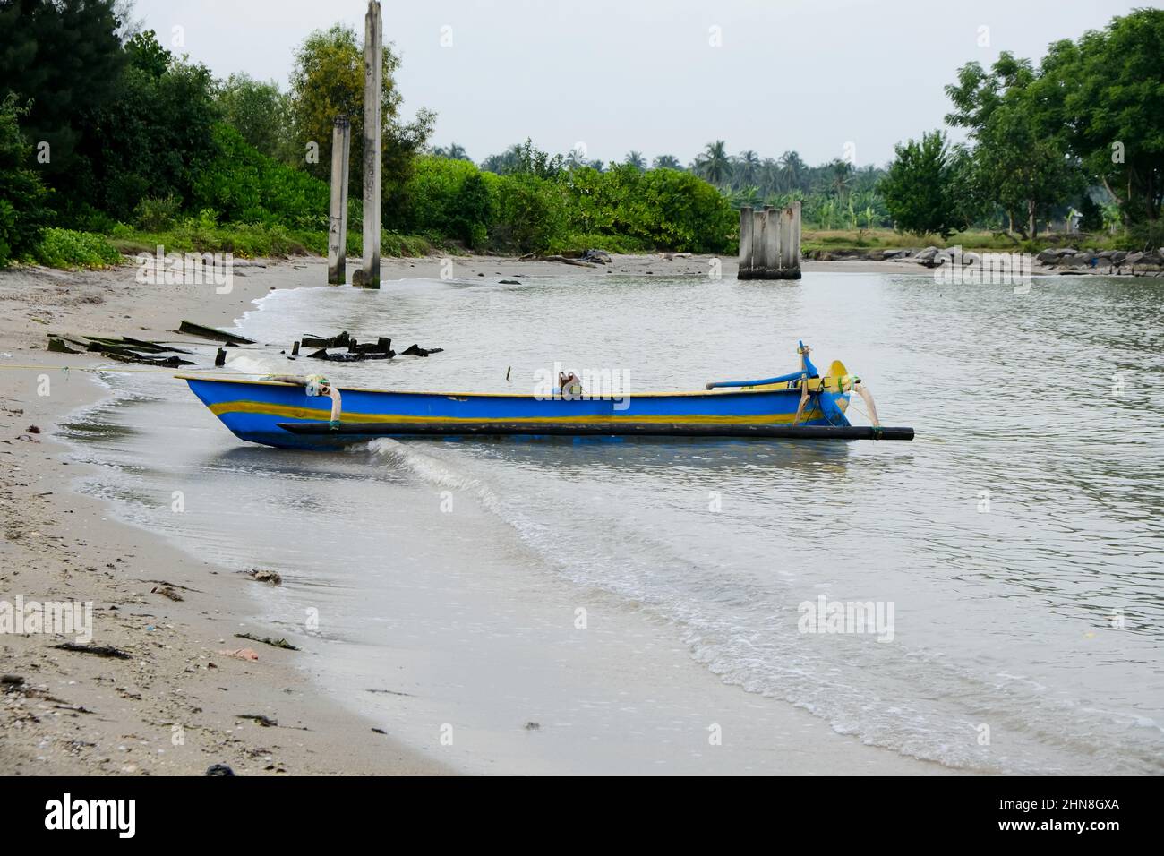 Lampung, Indonesia, February 12 2022- Defocused on Fishing boats on the beach. fishing is the livelihood of local people in Tridarmayoga village, Lamp Stock Photo