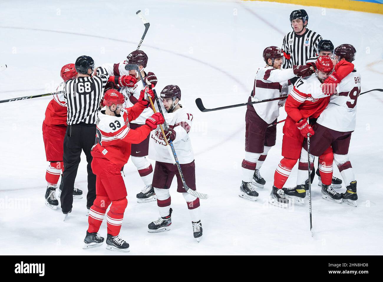 Beijing China 15th Feb 22 Fights Break Out During The Ice Hockey Men S Qualification Play Off Of Beijing 22 Winter Olympics Between Denmark And Latvia At Wukesong Sports Centre In Beijing Capital Of
