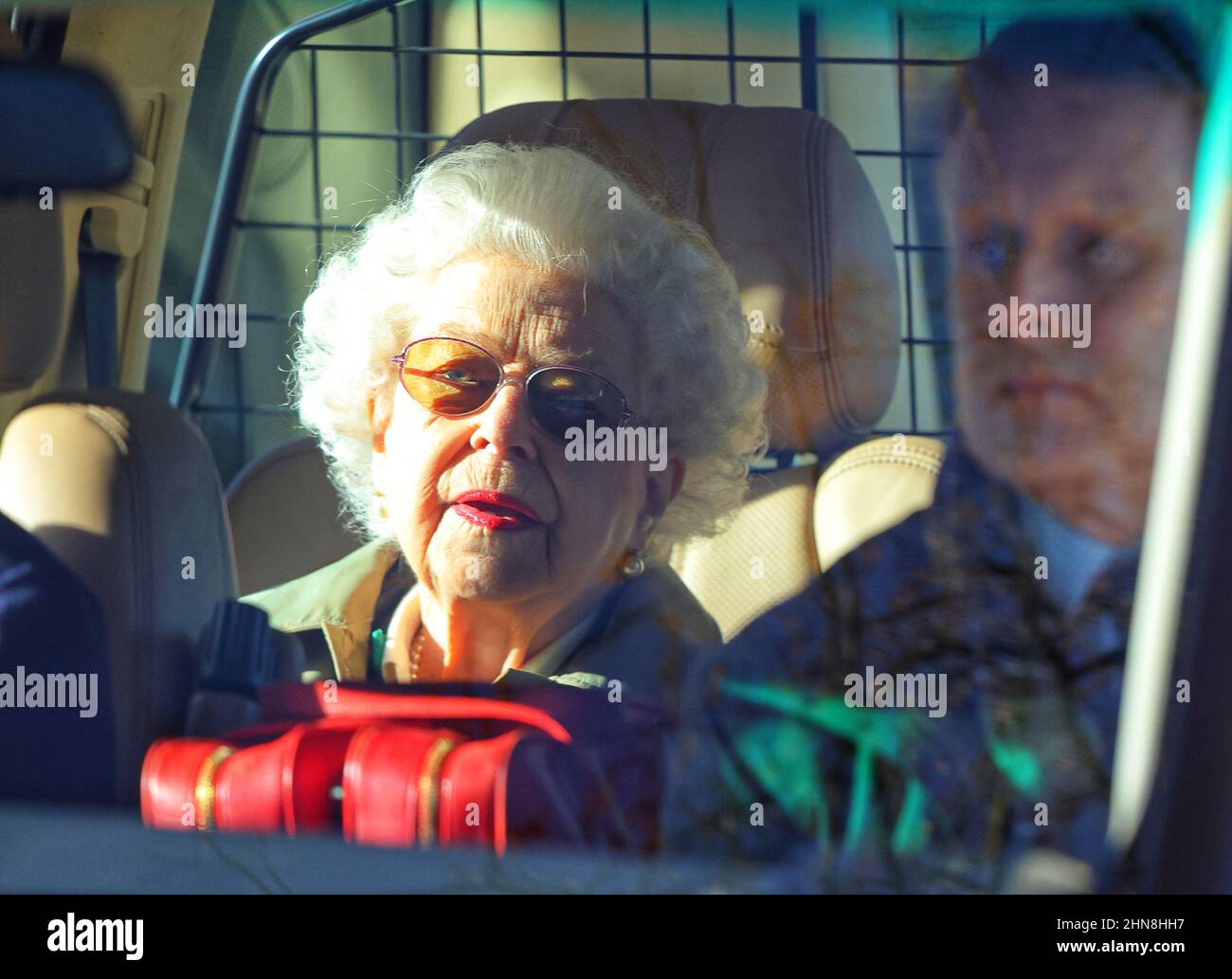 Queen Elizabeth II is seen leaving her Sandringham Estate, the day after Accession Day, (February 6), which marked 70 years since the death of her father King George VI, and when she was proclaimed Queen. Her Majesty took a helicopter flight from Sandringham to Windsor Castle. Queen Elizabeth II, Sandringham, Norfolk, UK, on February 7, 2022 Stock Photo