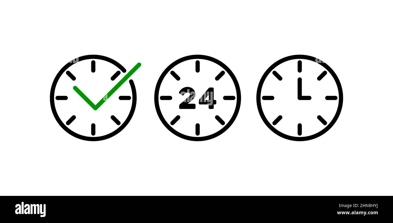 Clock icon set. Alarm, timer. 24 hours support service. Vector on isolated white background. EPS 10. Stock Vector
