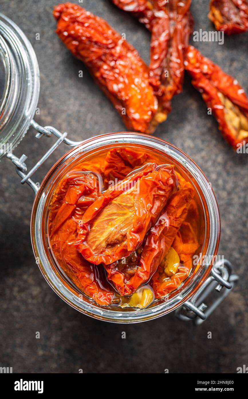 Sun dried tomatoe. Pickled tomatoes in a jar. Top view Stock Photo Alamy