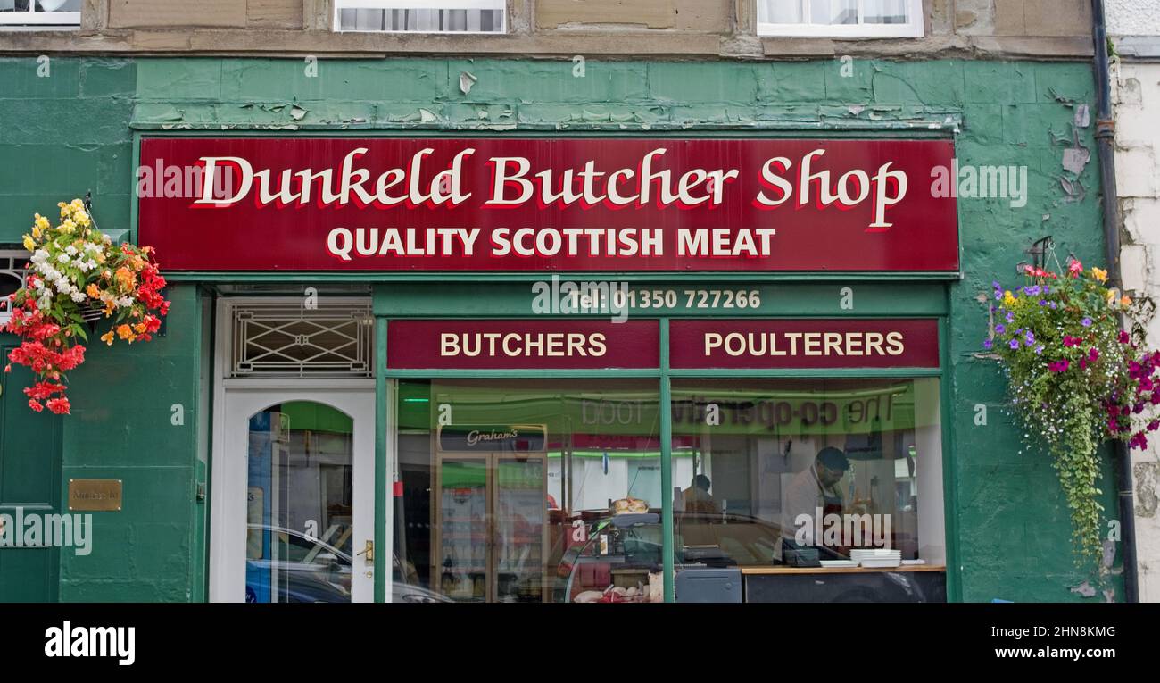 Colourful frontage of traditional butcher's shop in the small picturesque town of Dunkeld, Perthshire, Scotland UK Stock Photo