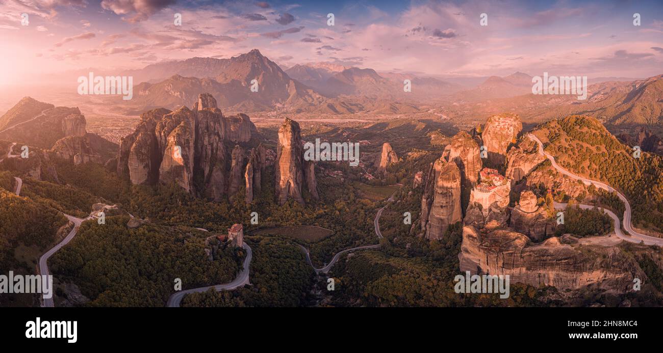 Greek Cliffs Panoramic scenic view of the famous Meteora floating monasteries on ...
