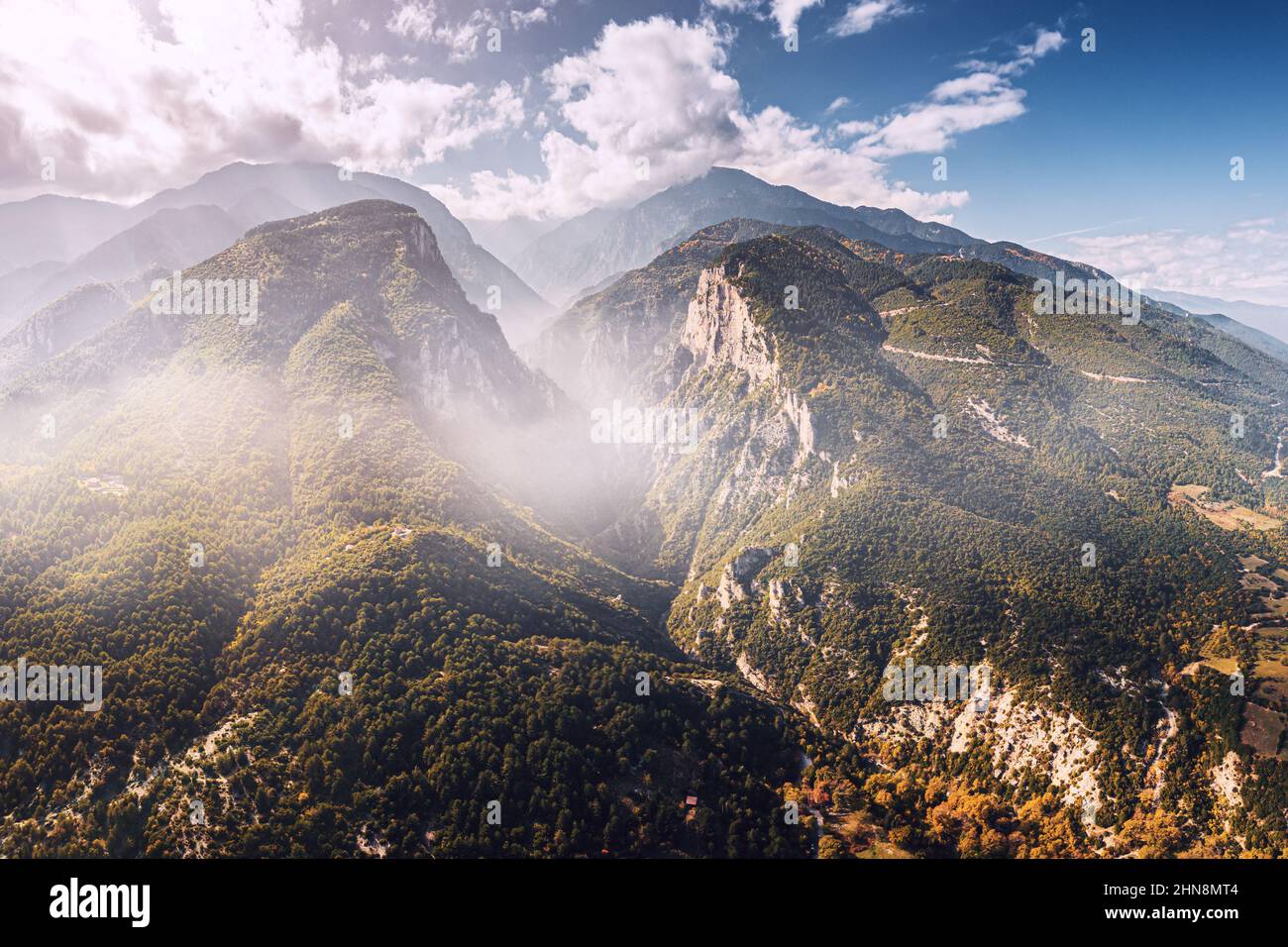 Aerial drone panoramic view of deep gorge and rocky ridge leading to ...