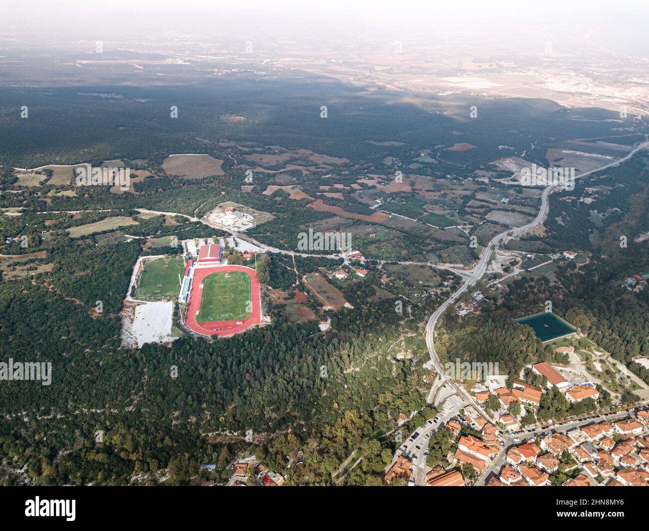 football sports ground in Litochoro city in Greece, aerial view Stock Photo