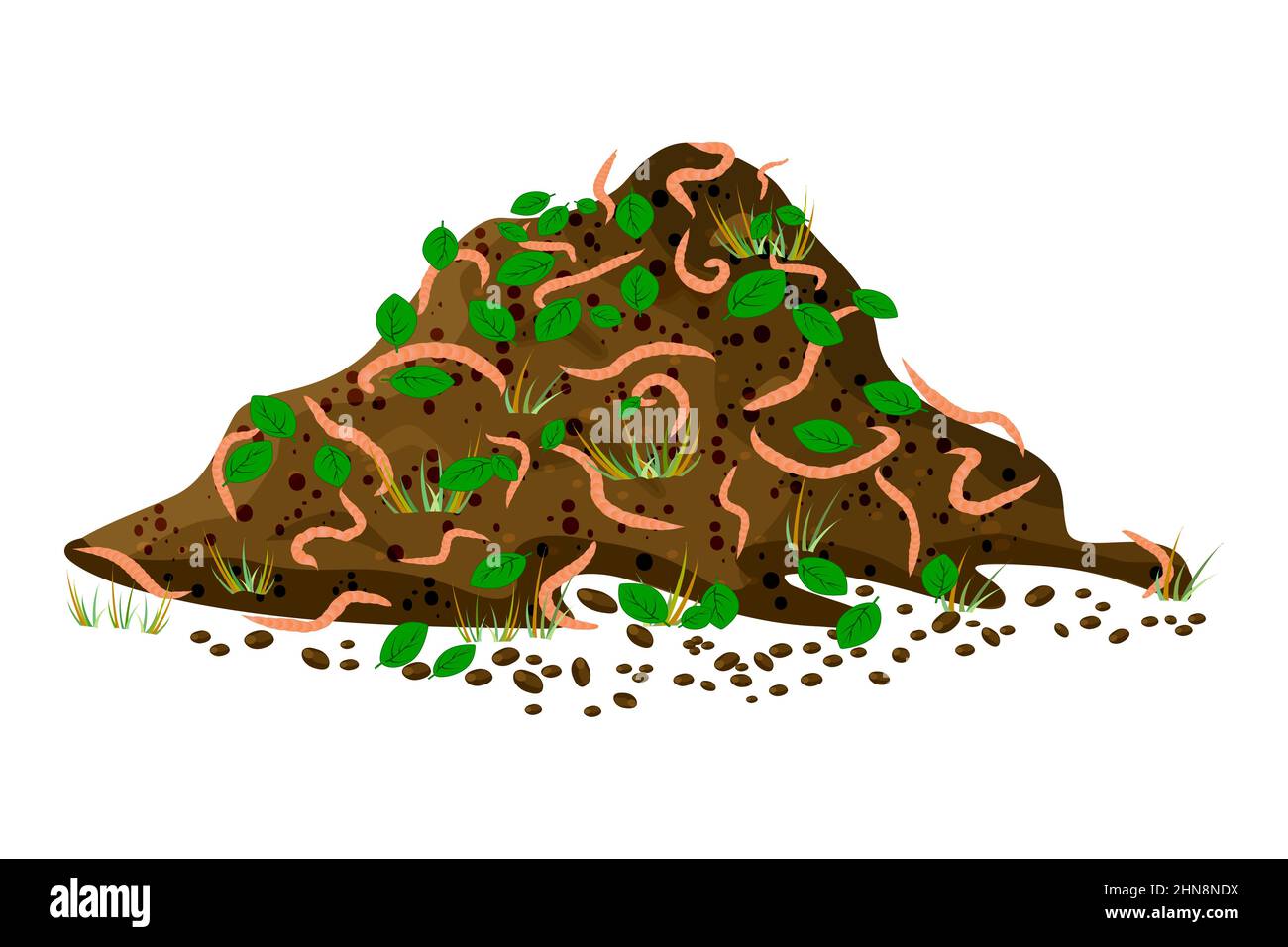 Pile soil with earthworms isolated on white background. Heap compost