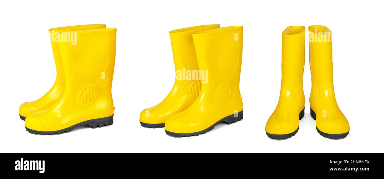 Yellow rubber boots isolated on white background. Stock Photo