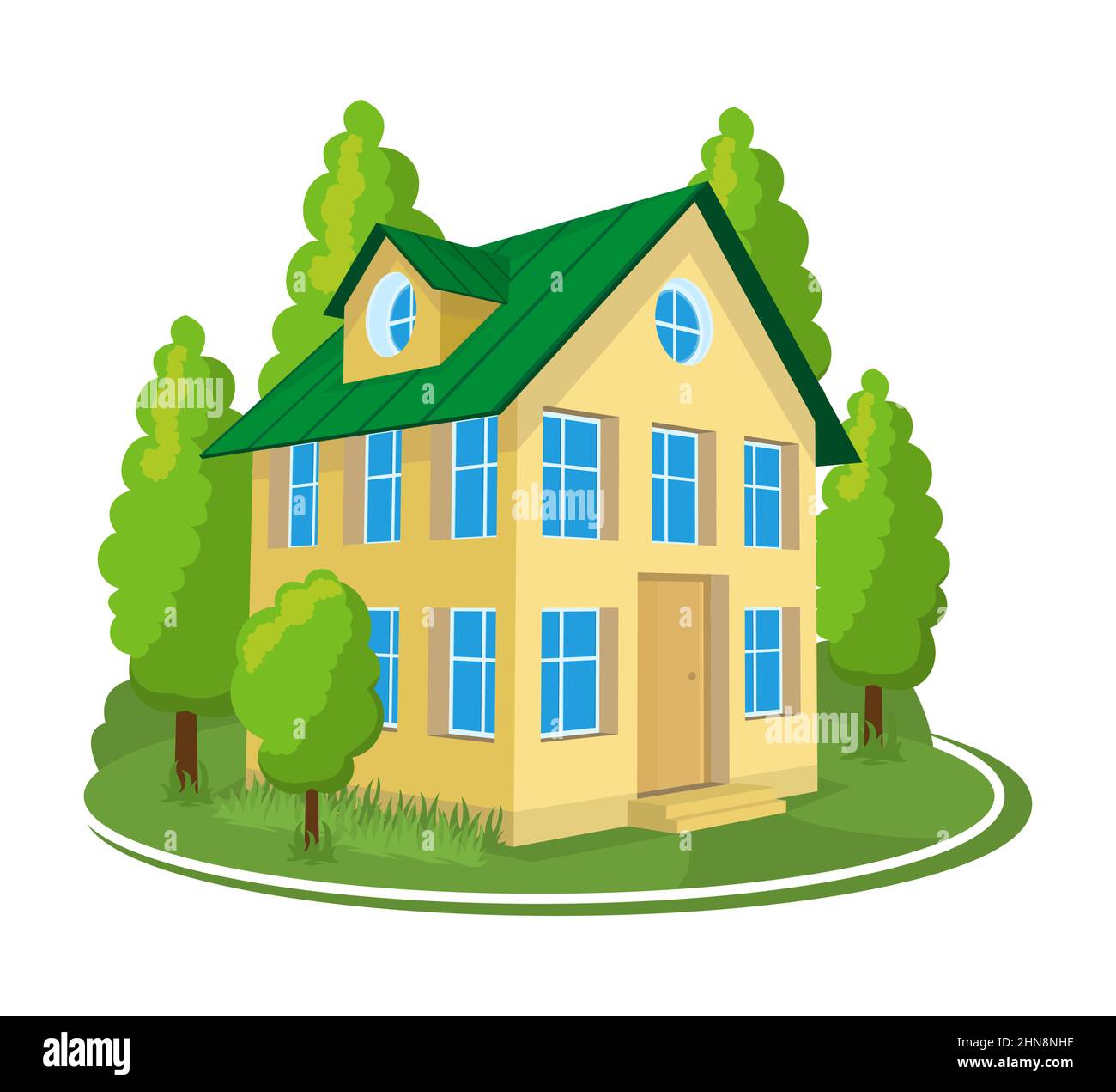 Summer landscape. 3D cottage icon surrounded by trees Stock Vector ...