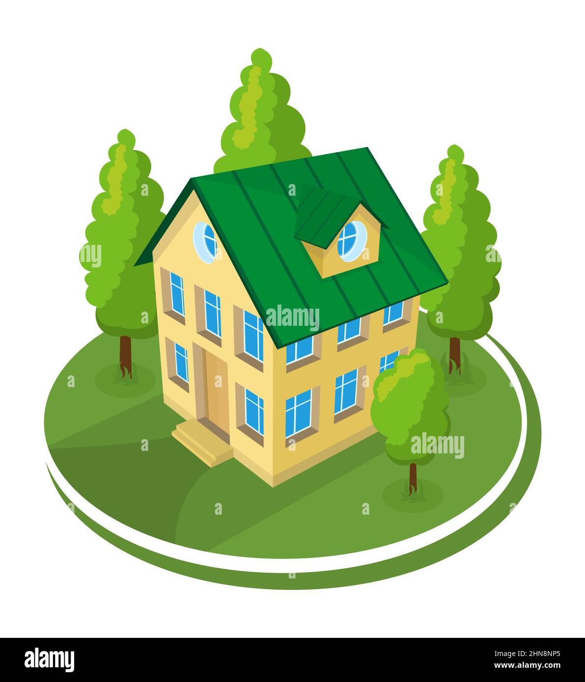 Summer landscape. 3D cottage icon surrounded by trees Stock Vector ...
