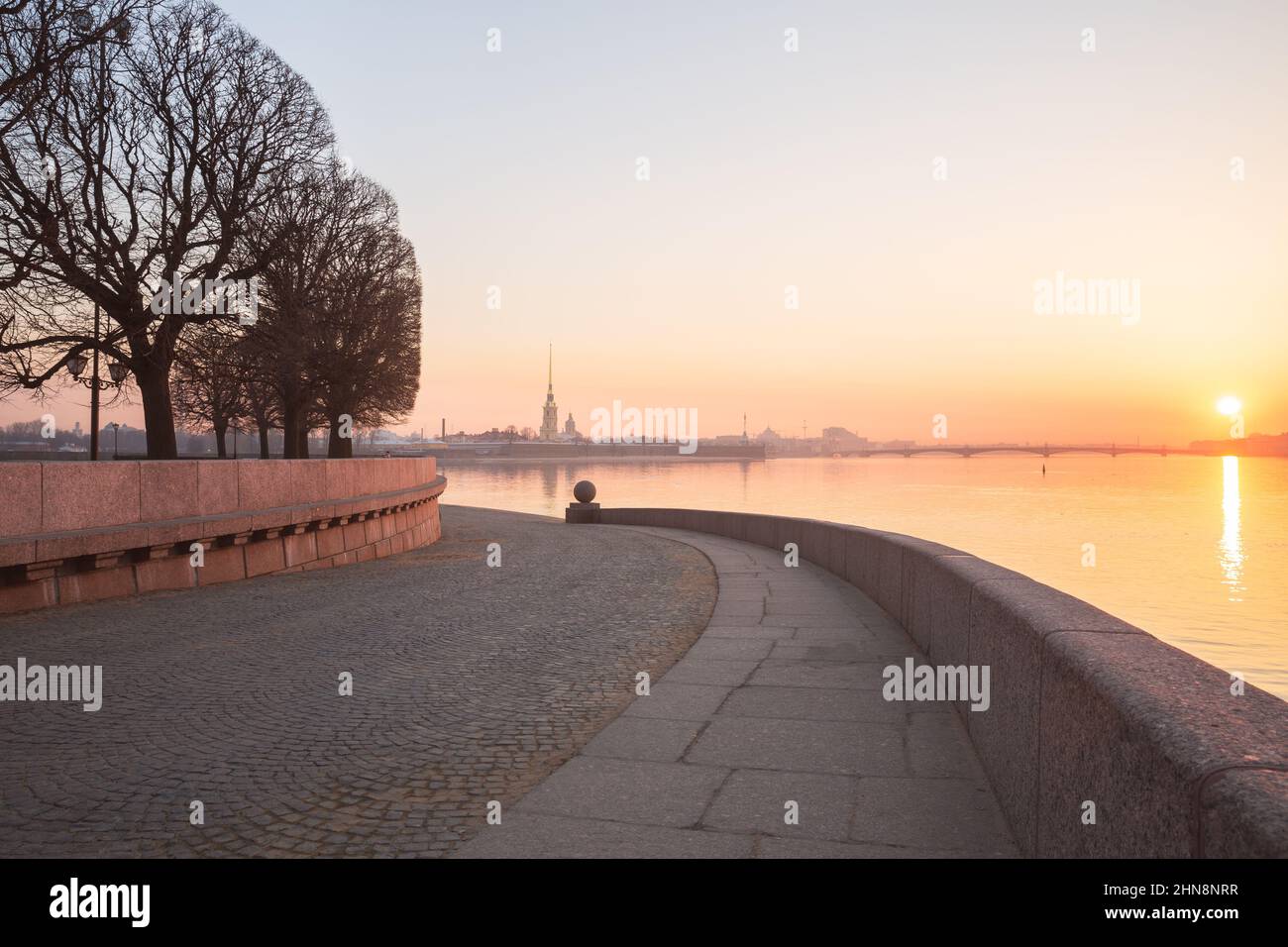 Sunrise in St. Petersburg. The Spit of Vasilevsky Island and the Peter and Paul Fortress in the early morning at dawn. Cityscape in pastel colors Stock Photo