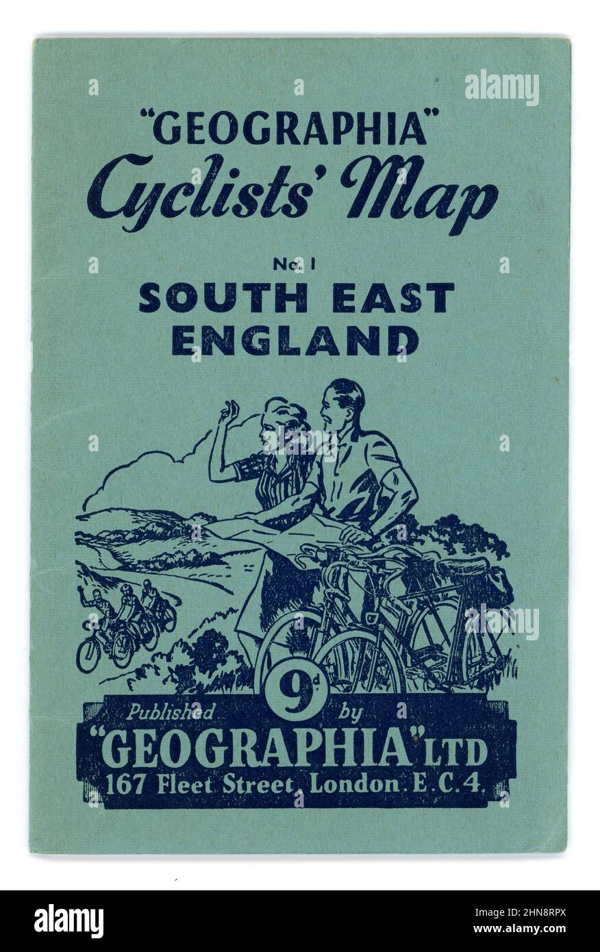 Original 1940's Geographia series Cyclists' Map South East England, . Issue No. 1. Published by Geographia Ltd. 167 Fleet Street, London, EC4. The illustration shows a happy couple out enjoying themselves cycling in the countryside, map reading, waving to another cycling group, circa 1945 / 1946 Stock Photo