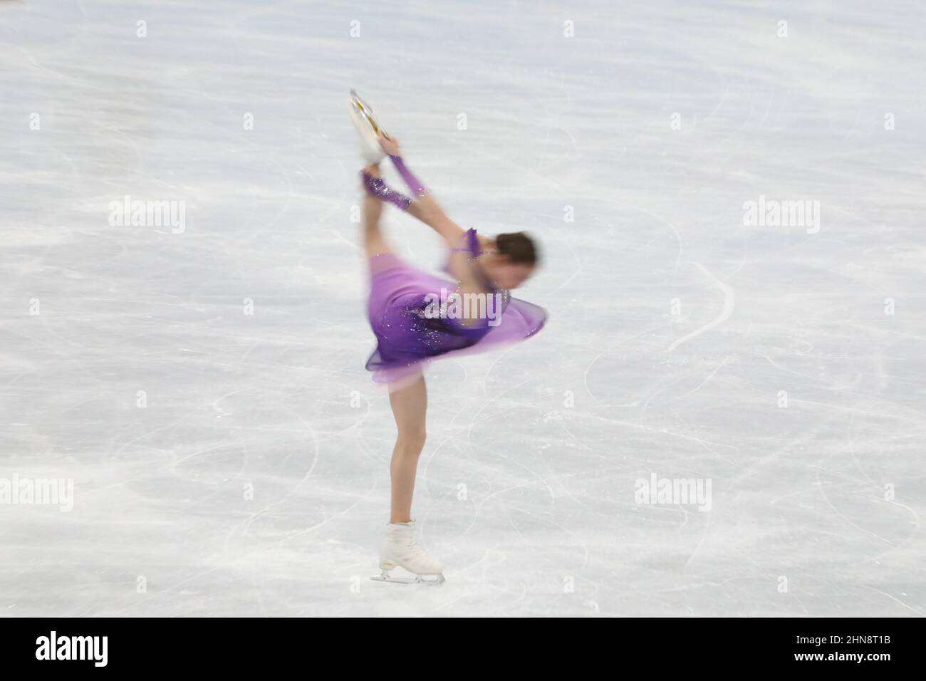 Beijing, China. 15th Feb, 2022. Kamila Valieva of the Russian Olympic Committee (ROC) competes in the Women's Single Skating Short Program at the Beijing 2022 Winter Olympic Games at the Capital Indoor Stadium on February 15th 2021 in Beijing, China Credit: Mickael Chavet/Alamy Live News Stock Photo