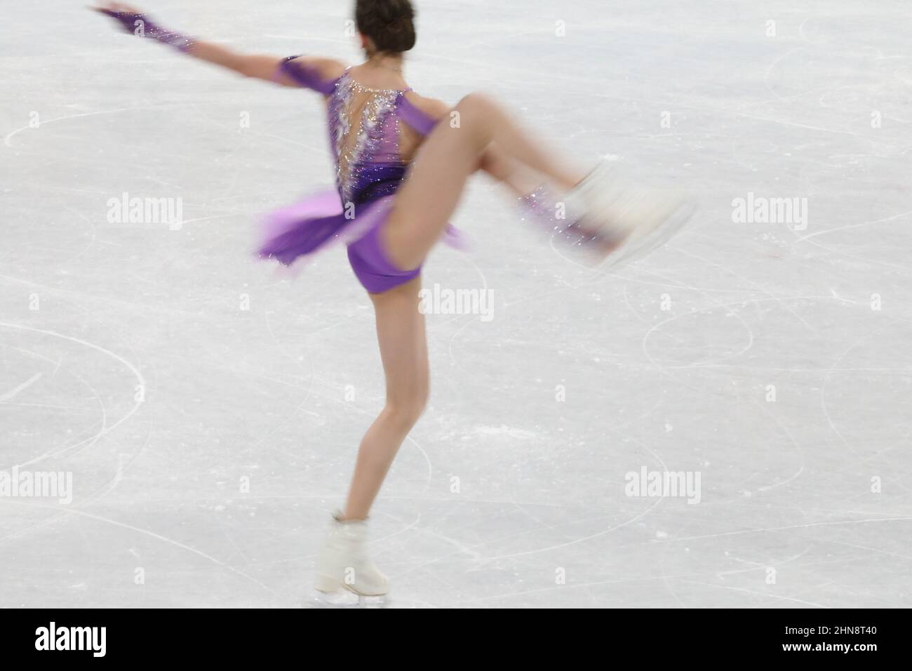 Beijing, China. 15th Feb, 2022. Kamila Valieva of the Russian Olympic Committee (ROC) competes in the Women's Single Skating Short Program at the Beijing 2022 Winter Olympic Games at the Capital Indoor Stadium on February 15th 2021 in Beijing, China Credit: Mickael Chavet/Alamy Live News Stock Photo