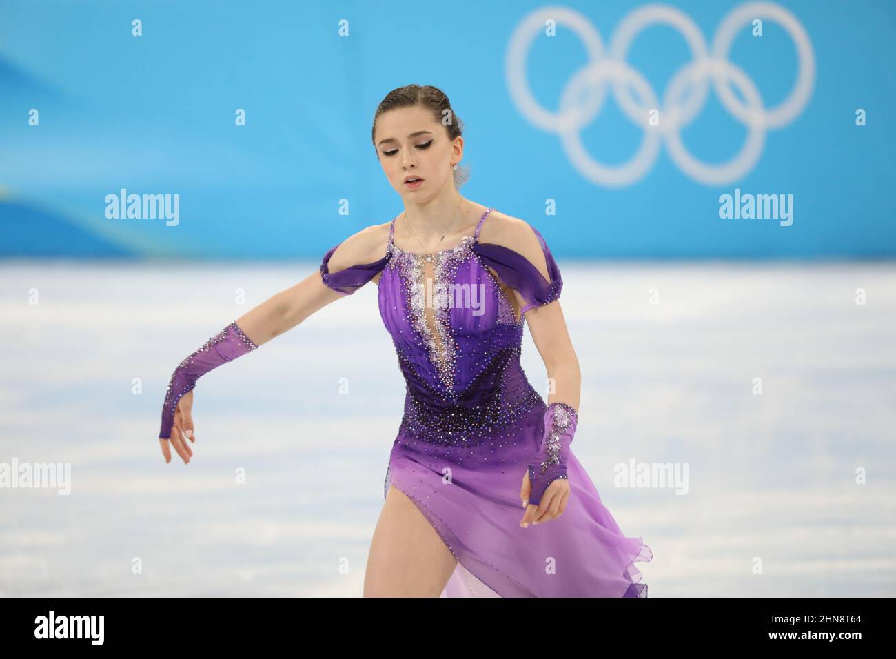 Beijing, China. 15th Feb, 2022. Kamila Valieva of the Russian Olympic Committee (ROC) competes in the Women's Single Skating Short Program at the Beijing 2022 Winter Olympic Games at the Capital Indoor Stadium on February 15th 2021 in Beijing, China Credit: Mickael Chavet/Alamy Live News Stock Photo