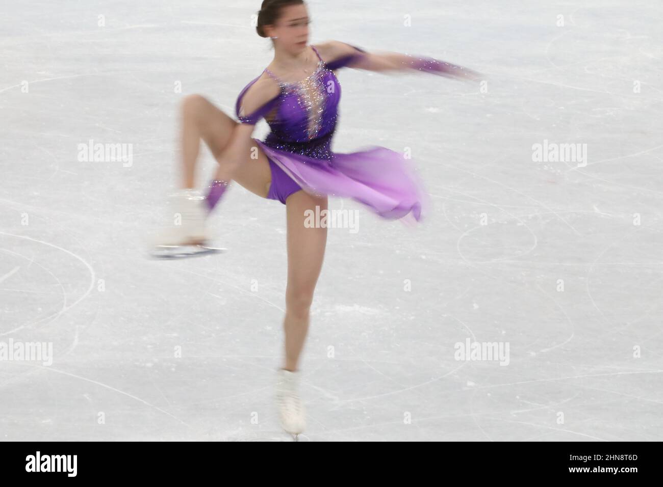 Beijing, China. 15th Feb, 2022. Kamila Valieva of the Russian Olympic Committee (ROC) competes in the Women's Single Skating Short Program at the Beijing 2022 Winter Olympic Games at the Capital Indoor Stadium on February 15th 2021 in Beijing, China Credit: Mickael Chavet/Alamy Live News Stock Photo