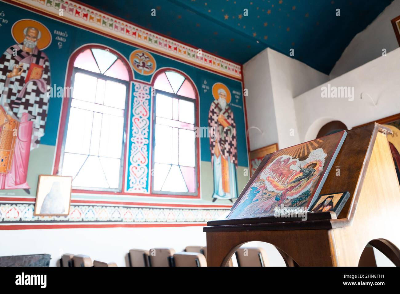 22 Ocotber 2021, Litochoro, Greece: Interior of a small village chapel in mountains Stock Photo