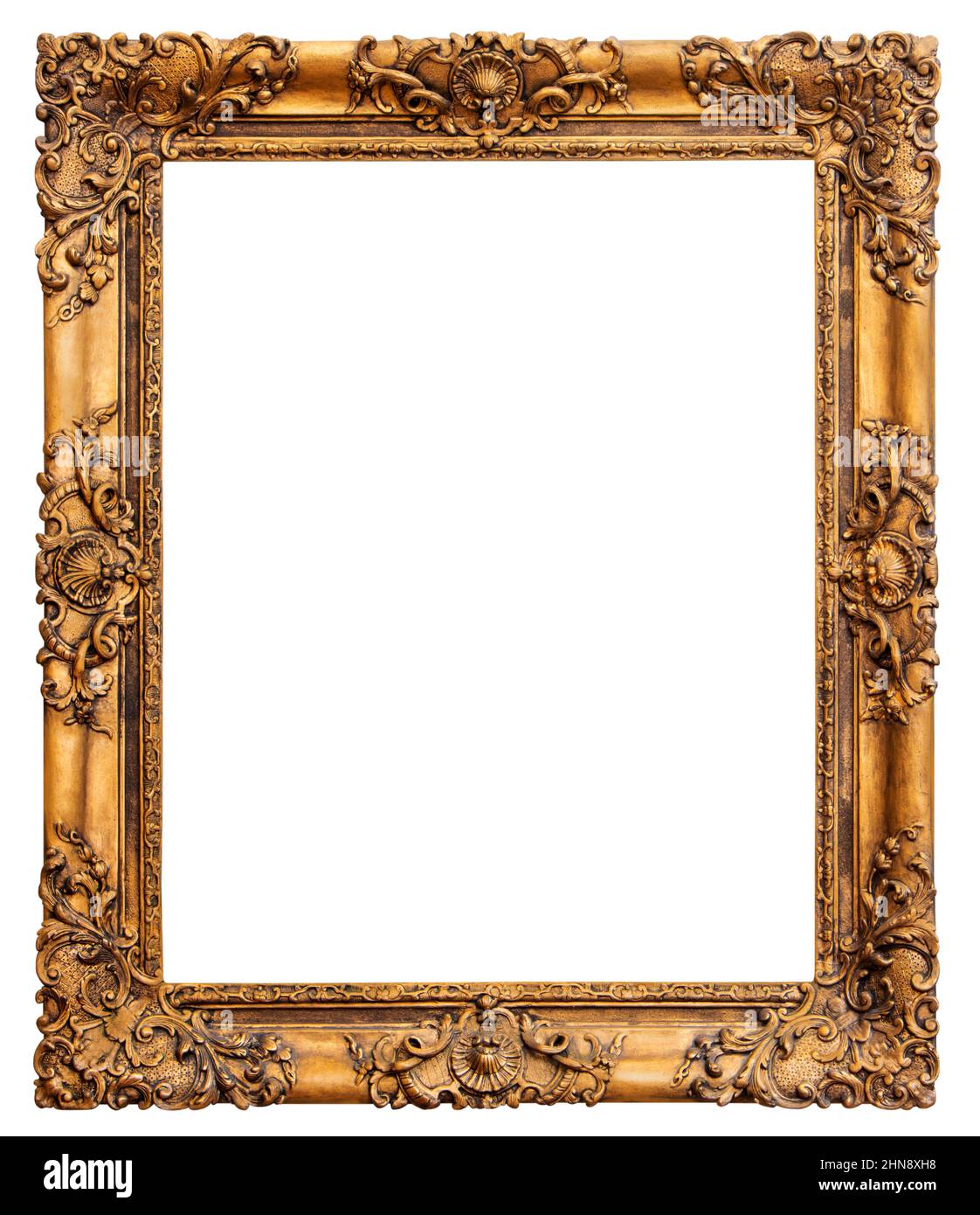 Wooden vintage rectangular gilded antique empty picture frame, isolated on white background Stock Photo