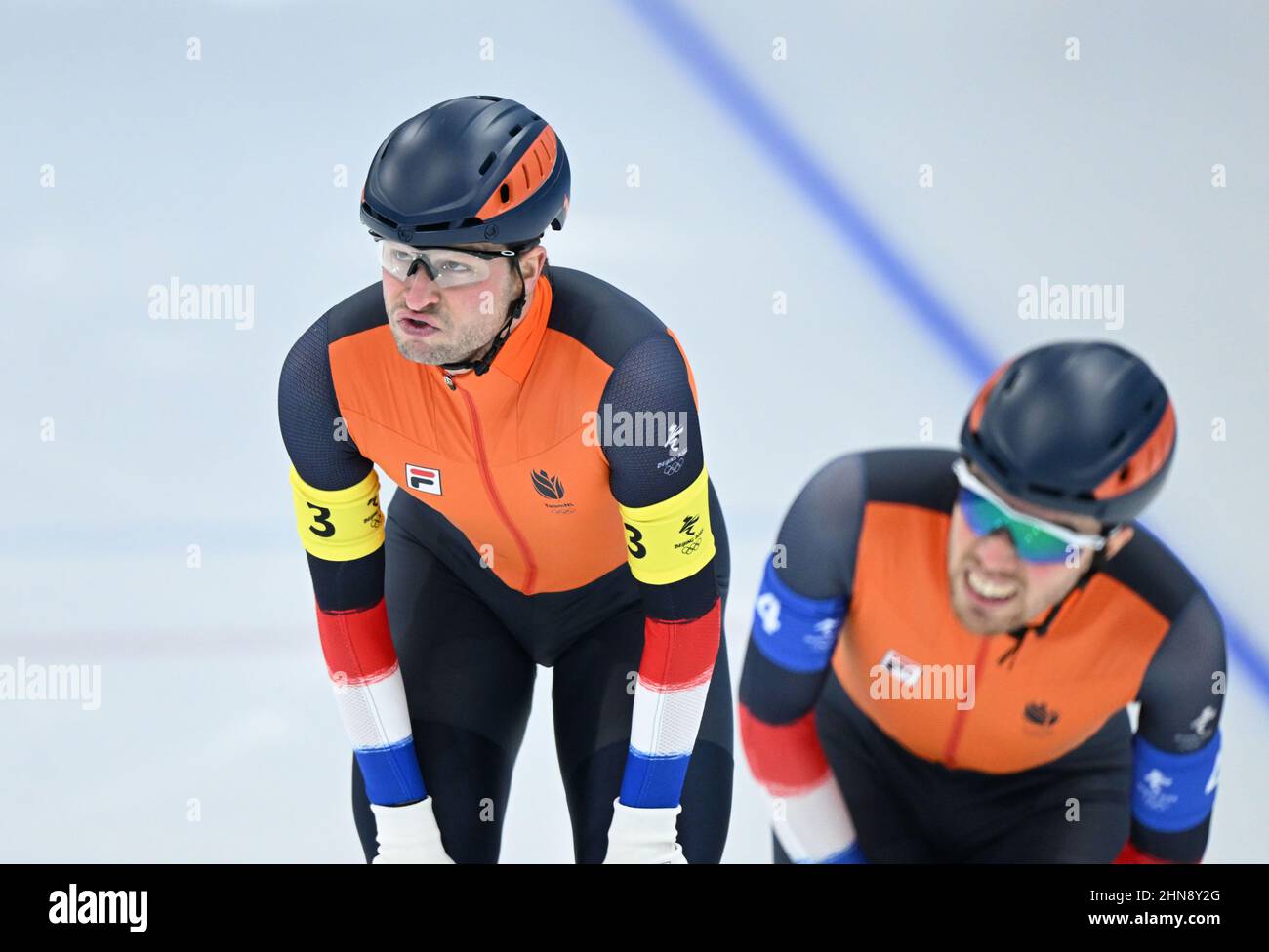 Beijing, China. 15th Feb, 2022. Sven Kramer (L) reacts after the speed skating men's team pursuit semifinals at the National Speed Skating Oval in Beijing, capital of China, Feb. 15, 2022. Credit: Wu Wei/Xinhua/Alamy Live News Stock Photo