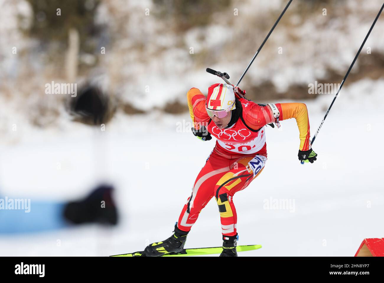 Zhangjiakou(Hebei. 15th Feb, 2022. Cheng Fangming of China competes during the biathlon men's 4x7.5 km relay of Beijing 2022 Winter Olympics at Zhangjiakou, north China's Hebei Province, Feb. 15, 2022. Credit: Ding Ting/Xinhua/Alamy Live News Stock Photo