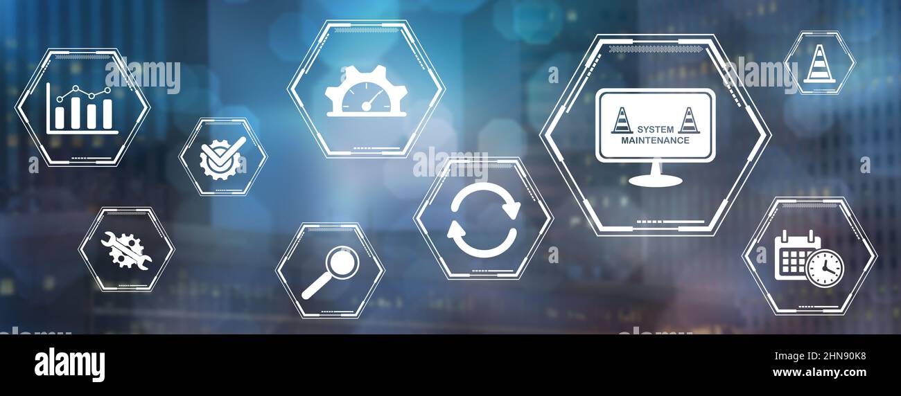 Concept of system maintenance with icons on blurred dark background ...